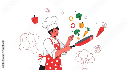 Chef Creating Culinary Delights with Fresh Vegetables and Flourishes, Animated Illustration