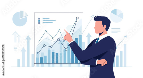 Business analyst presenting financial data with charts and graphs in a modern office setting