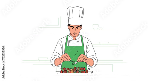 Chef Delicately Seasoning Skewers in a Kitchen Environment Preparing For Delicacy