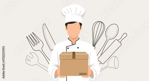 Chef delivering food with a cardboard box, restaurant takeout delivery concept