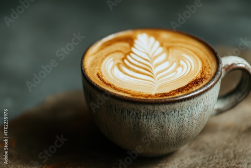 Close-Up View of Latte Art in Creamy Coffee Cup on Wooden Surface