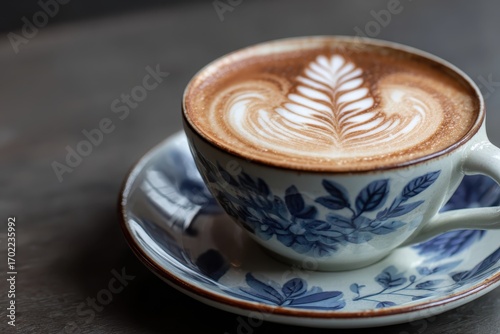 Elegant Latte Art in Beautiful Floral Cup on Wooden Table