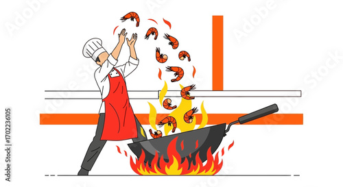 Chef Expertly Cooking Prawns in Wok, Representing Culinary Skill and Gastronomy