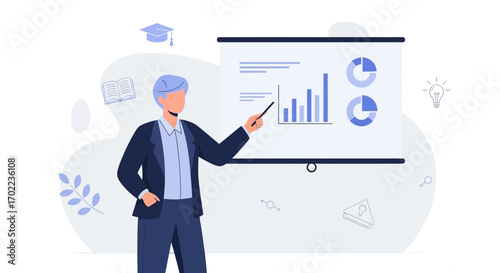 Business Presentation: A Teacher Analyzing Charts Showing Information Data Analysis and Strategy.