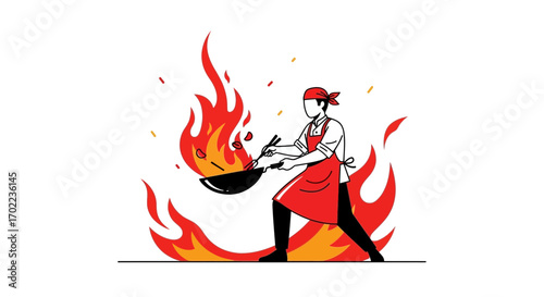 Chef Expertly Fry Cooking Foods Within Fiery Blaze and Heat Illustrations
