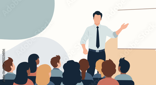 Business presentation in classroom, speaker and audience at training session graphic