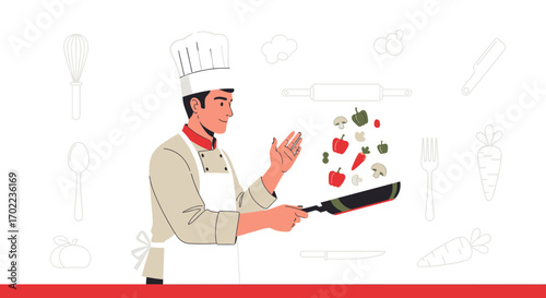 Chef Expertly Tossing Vegetables In A Pan While Displaying Culinary Skill And Precision