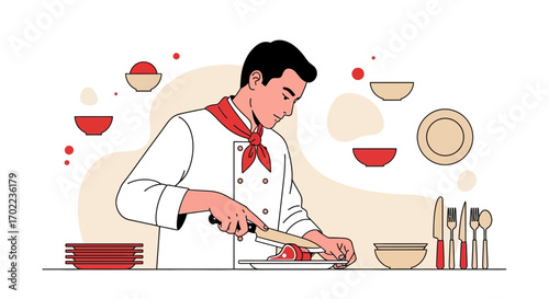 Chef Expertly Slicing Meat Preparing Fine Culinary Dish, Vector Illustration, Professional Cook