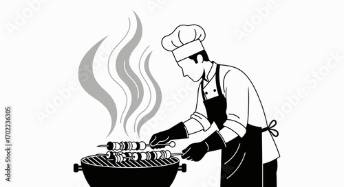 Chef grilling skewers over a barbecue, preparing food for a delicious meal outdoors
