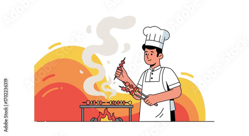 Chef grilling skewers over fire enjoying delicious food flat illustration vector design