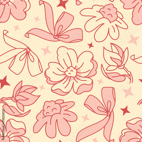 Seamless peach-pink pattern with ribbons, bows, and flowers. Perfect for textile design, girly wrapping paper, and soft feminine backgrounds