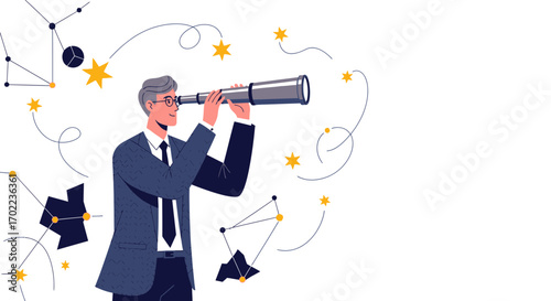 Business Professional Gazing Through Telescope Symbolizing Future Vision and Strategy