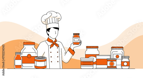 Chef Holding a Jar with Food Products Surrounded by Food Packaging Illustration