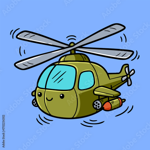 Cute Military Helicopter Vector Character Cartoon Helicopter Aircraft Illustration