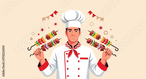 Chef Holding Kebabs in Hand Preparing Food with Skewers And Decorations