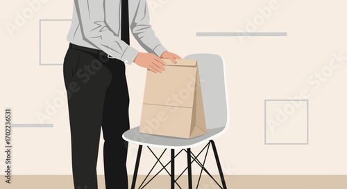 Business professional placing a paper bag on a chair in a minimalist office setting