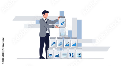 Businessman Building a Pyramid of Financial Graphs and Charts Conceptual Illustration