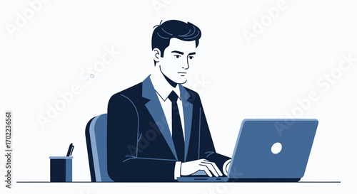 Businessman Concentrating On Work, Typing On His Laptop, Formal Attire, Digital Office Tasks