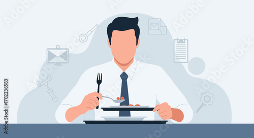 Businessman Consuming Meal While Surrounded By Visual Elements, Concept Of Work and Food
