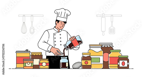 Chef in Uniform Adding Ingredients to a Jar in a Kitchen Setting with Jars of Food