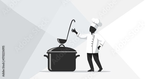 Chef Prepares Delicious Dish With Ladle and Pot In Modern Monochrome Illustration