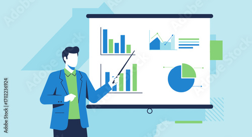 Businessman presenting a business report with charts and graphs on a presentation screen