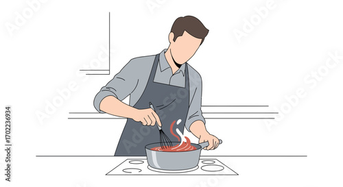 Chef Prepares Meal While Cooking Delicious Sauce, Culinary Illustration and Food Preparation
