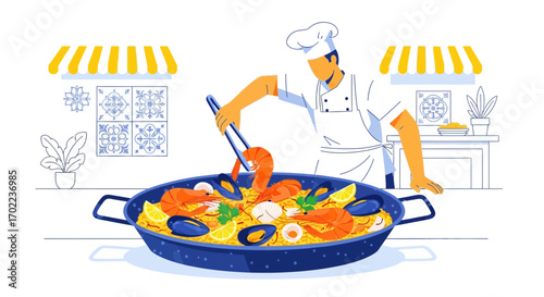Chef Preparing a Delicious Paella Dish with Seafood in a Vibrant Illustration