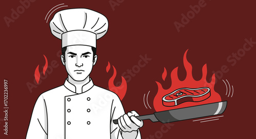 Chef Preparing A Delicious Steak, Frying In A Pan Over Flames, Culinary Experience