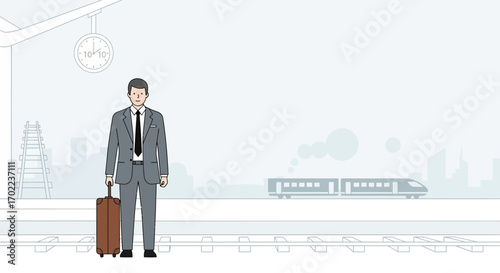 Businessman Waiting for the Train at a Railway Station, Business Trip Concept Cartoon