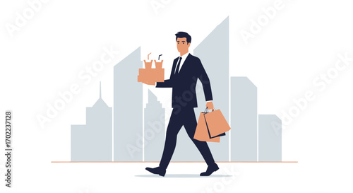 Businessman walking through city, carrying food and shopping bags, in an illustration format