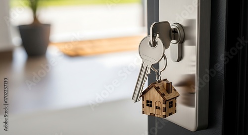 House keys with a small home keychain in the front door lock.