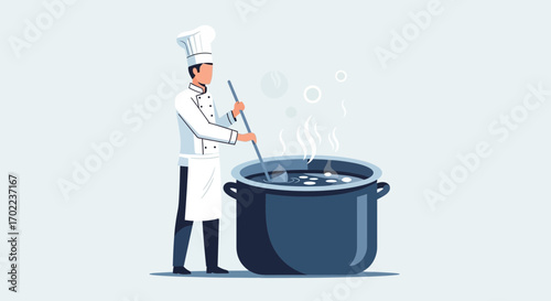 Chef Preparing Culinary Creation Within Large Pot Generating Aroma and Steam in Kitchen Illustration