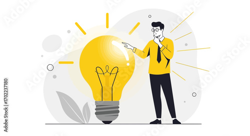 Businessman with an idea next to a light bulb indicates innovation and creativity