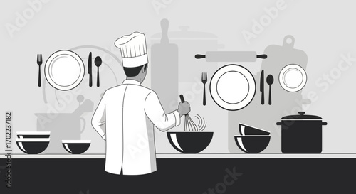 Chef Preparing Culinary Delights In Minimalist Kitchen: Artwork Of Food Processing.