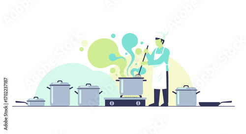 Chef Preparing Culinary Delights In A Vibrant And Modern Kitchen Illustration