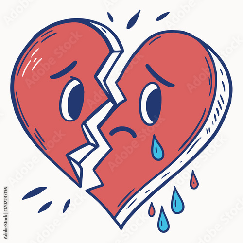Expressive broken heart emoji design with vibrant watercolor splashes in red and blue perfect for emotional or artistic themes