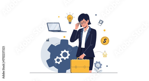 Businesswoman contemplating ideas with gears and a laptop, concept of planning is shown