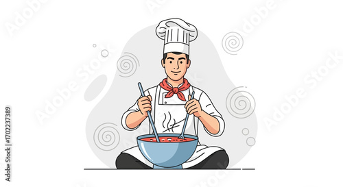 Chef Preparing Delicious Meal in Kitchen, Cooking Concept, Illustration, Vector, Eating Gourmet