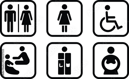 Set of six accessible public restroom and facility sign icons for universal design