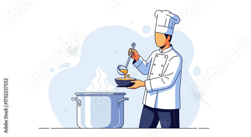 Chef Preparing Dish In A Kitchen, Culinary Arts, Food And Restaurant Concept Illustration