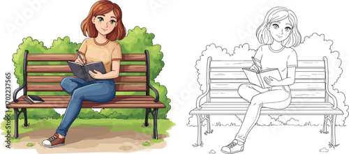Young person sketching on park bench with smartphone beside, casual outfit, outdoor greenery, creative moment, line art and color version