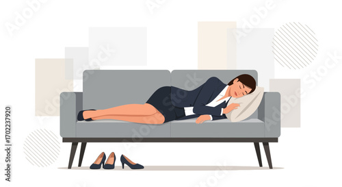 Businesswoman Resting on Couch After a Hard Day Fully Dressed, Illustration of Exhaustion