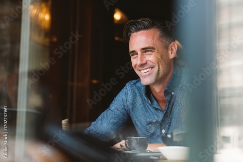 Smiling man enjoying coffee at a caf?, with a cozy atmosphere and soft lighting