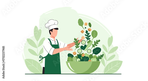 Chef Preparing Fresh Salad With Assorted Vegetables For Healthy Lifestyle