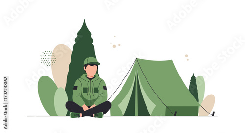 Camping illustration with a person tent and nature scene flat design vector