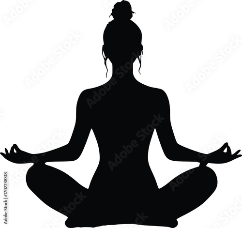 A black silhouette of a woman with her hair in a bun, sitting in a full lotus meditative pose with her hands in the Gyan Mudra, facing forward against a clean white background.

