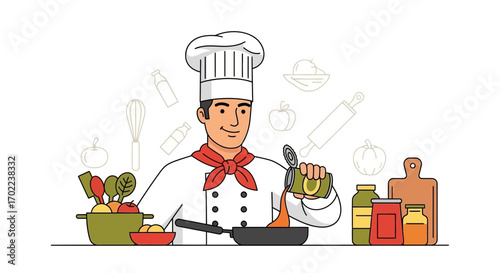 Chef Preparing Ingredients Adding Canned Food To The Pan To Create Culinary Delights