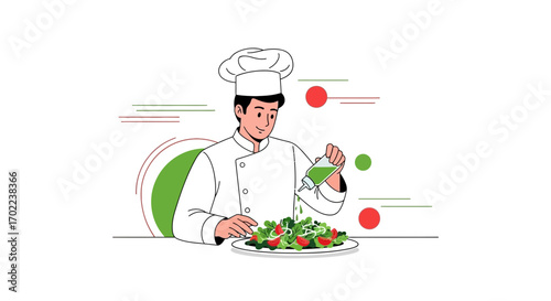 Chef Preparing Salad in a Kitchen Vector Illustration for Food and Healthy Eating