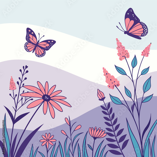 Vibrant butterflies gracefully flutter above a field of colorful wildflowers creating a serene and natural scene